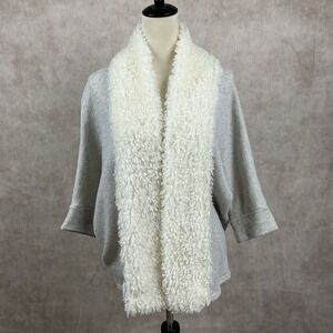 Gray Textured Open‎ Front Cardigan with Cream Fuzzy Sherpa Collar